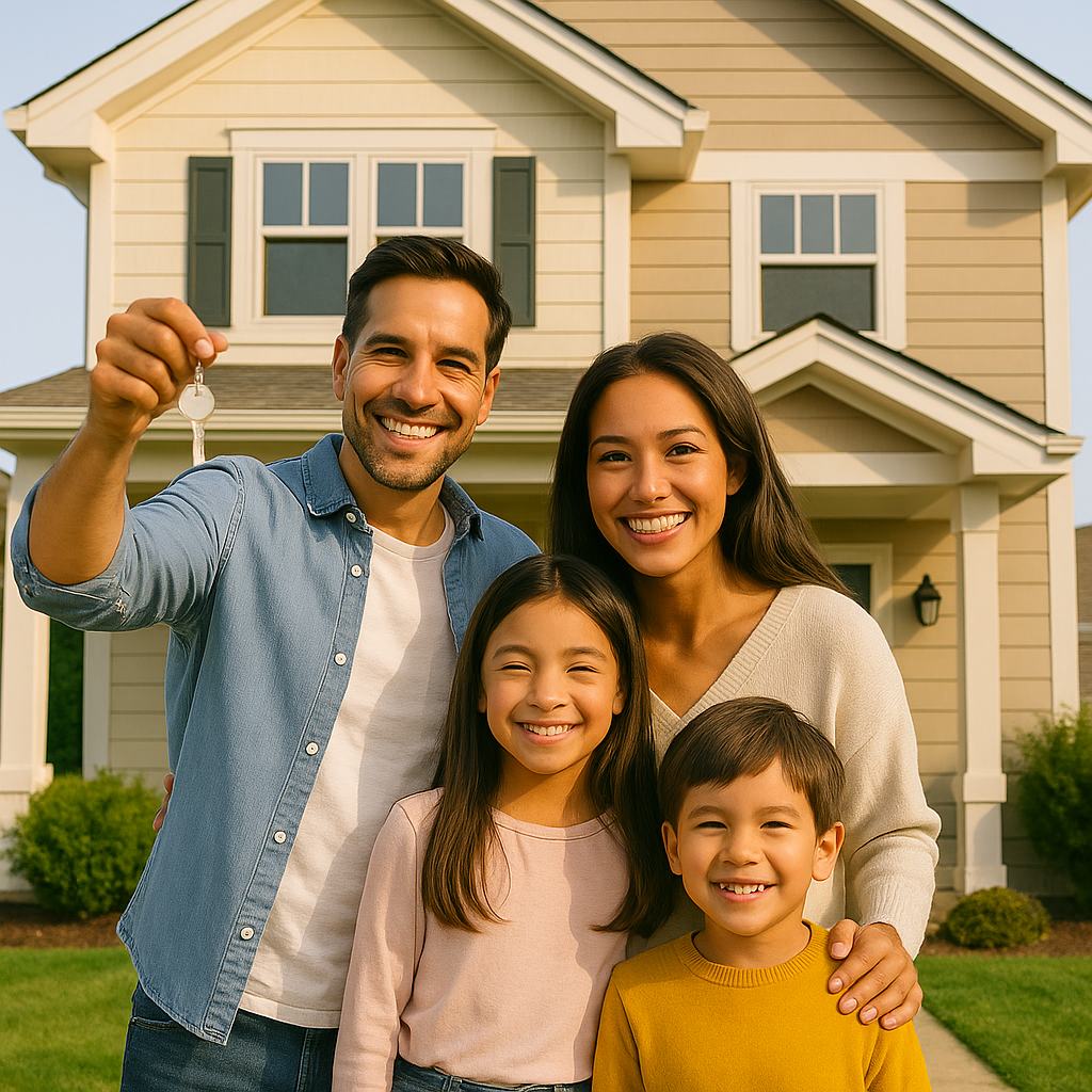 Happy family in front of a home